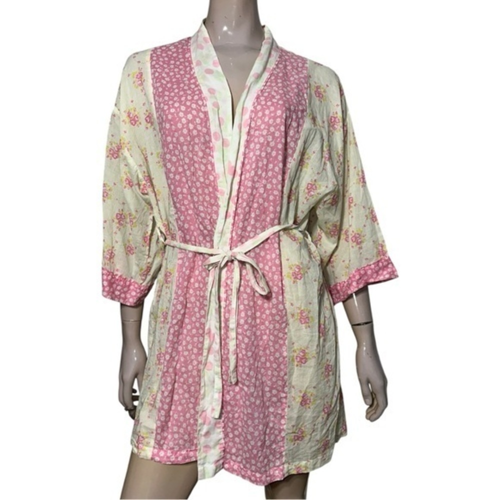 Eloise Women’s Size S M Cream Ivory Pink Floral Cotton Belted Short Robe